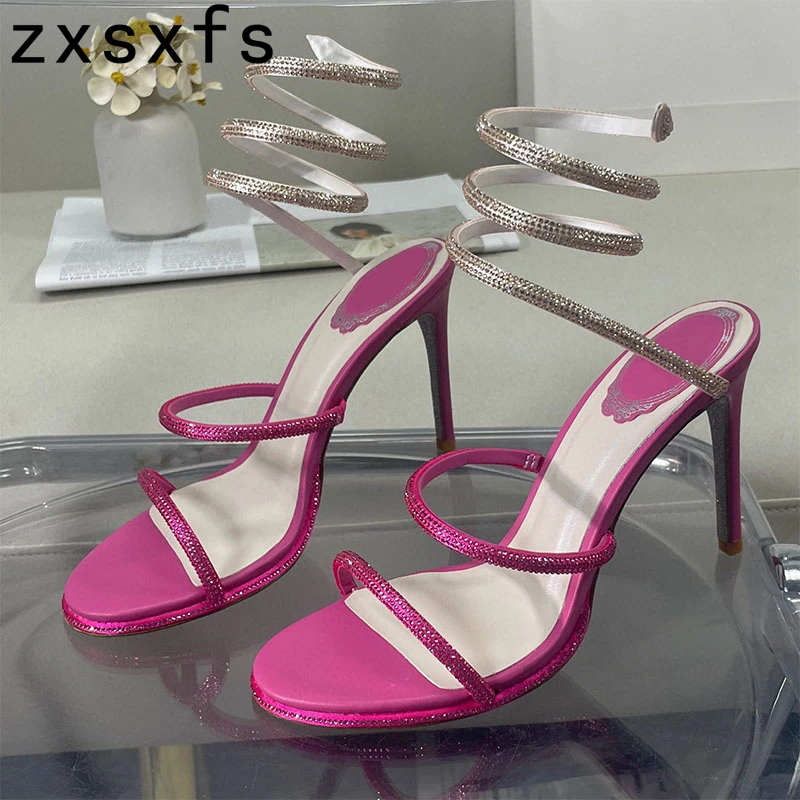 

2022 Summer Crystals Straps High Heels Women Sandals Sexy Peep Toe Party Shoes Slip On Gladiator Stiletto Rhinestones Shoes