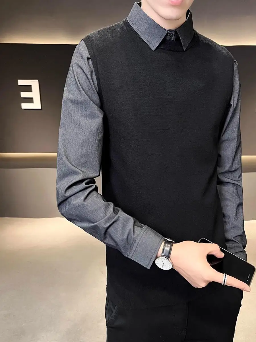 

Мужской комплект из двух предметов: свитер с длинным рукавом и брюки, облегающий крой, осенне-зимний, в британском деловом стиле, повседневный, вязаный, модный.