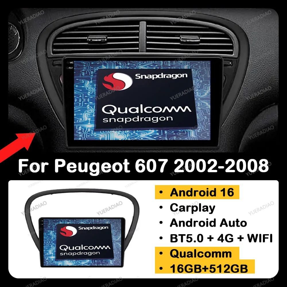 Android 16 Carplay Auto para Peugeot 607 2002 - 2008 GPS NAVI QLED 2DIN Qualcomm Multimídia Estéreo Reprodutor de Vídeo BT 4G WIFI LTE 5G