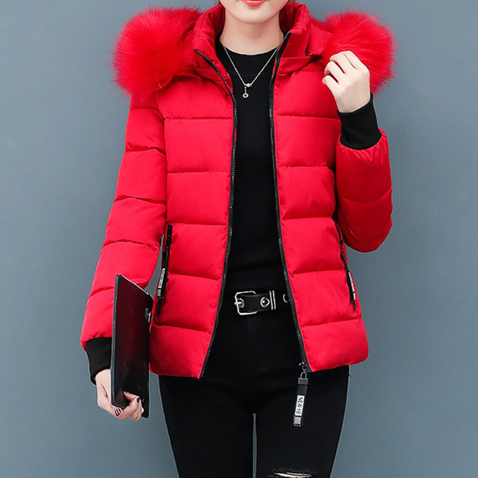 Pink Winter Cotton Puffer Coat Women Fluffy Hooded Zipper Thick Outerwear Lapel Windproof Warm Long Sleeve Down Jacket Fit Coats