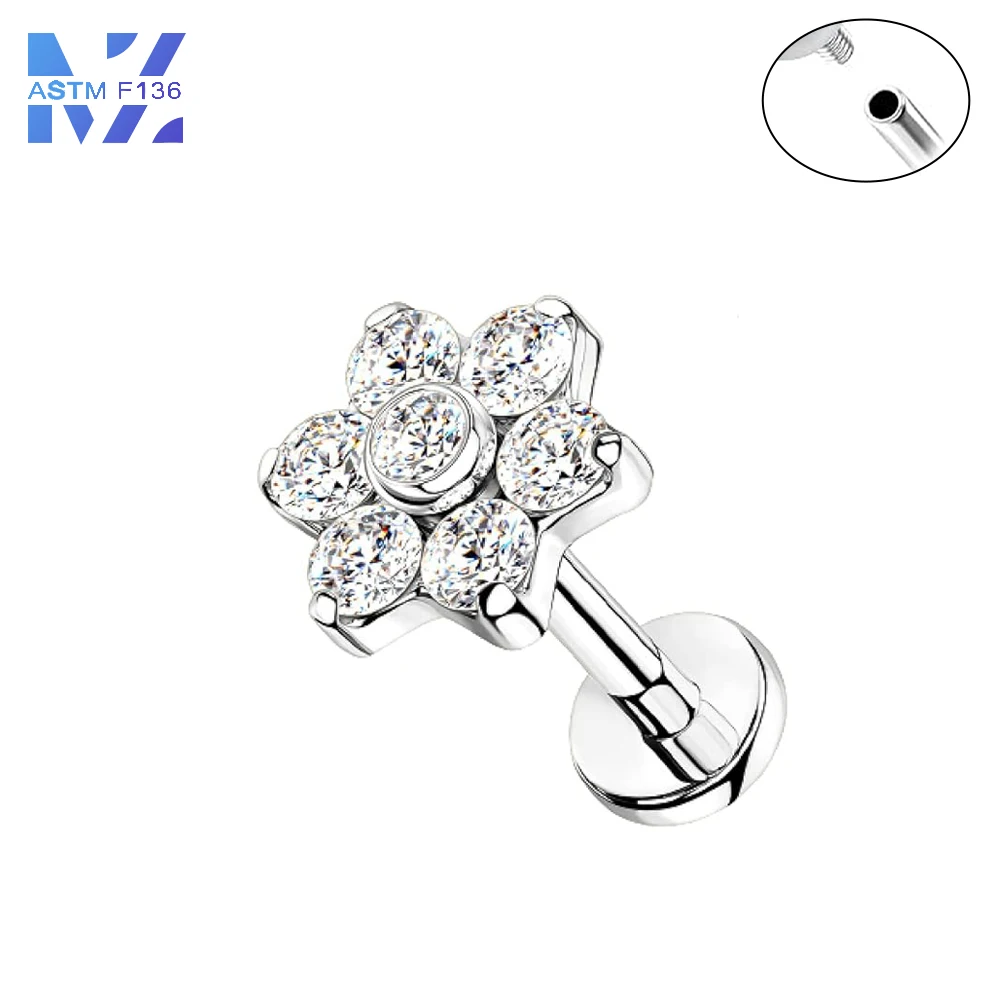 F136 Titanium Alloy Lip Nails, Ear Bone Nails, Plum Blossom Zircon Internal Thread, 16G Flower Ear Nails, Human Piercing Jewelry