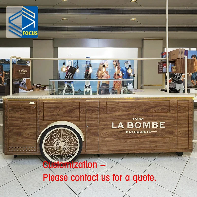 

custom.Custom Mobile Food Cart Design Wooden Hut Dessert Cart Cake Display Cart