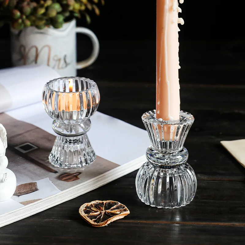 Creative Light Luxury Glass Candlestick European Retro Home Decoration Romantic Bar Skirt Double Use Candle Cup Holder Ornament