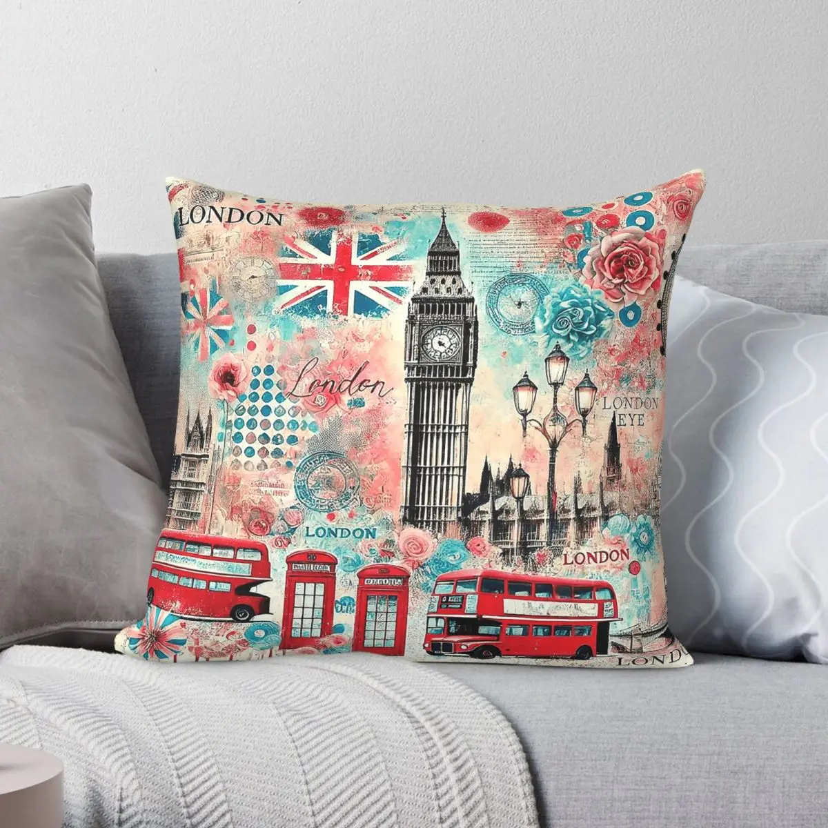 London Landmarks Collage Square Pillowcase Polyester Linen Velvet Printed Zip Decorative Pillow Case Sofa Seater Cushion Cover
