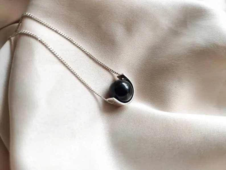 Black Tourmaline Silver Necklace, Sherl Stone Fidget Necklace for women, handmade gemstone empathetic protection necklace