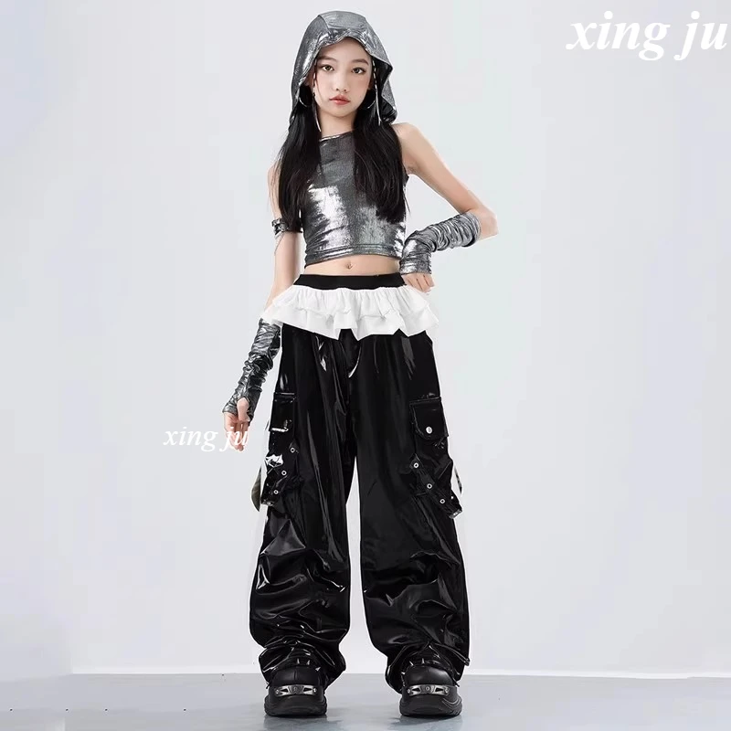 여자 스트리트 댄스 후드 조끼 짧은 탑 루즈 가죽 바지 어린이 재즈 댄스 의상 키즈 힙합 무대 공연 의상