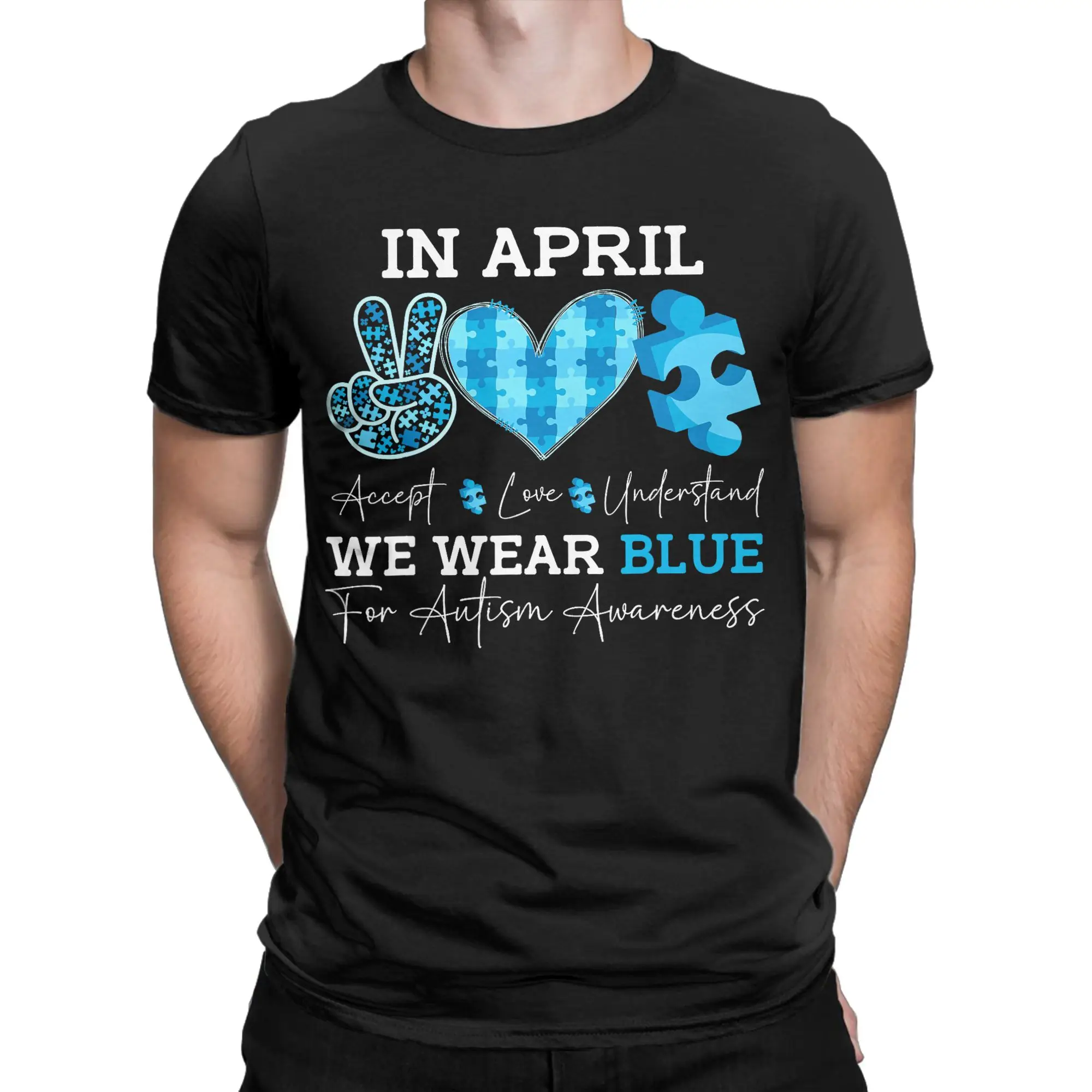 Men April We Wear Blue Autism Awareness T Shirt  100% Cotton Tops Novelty Short Sleeve O Neck Tee Shirt Gift Idea T-Shirts