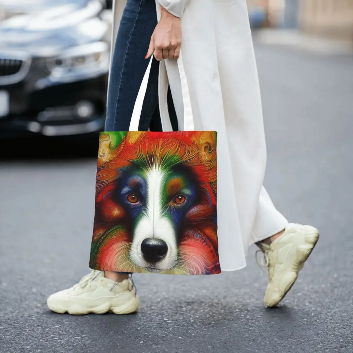 Tribal Border Collie Dog Art Shopping Bags Folding Canvas The Tote Bag Women Shoulder Tote Travel Handbag
