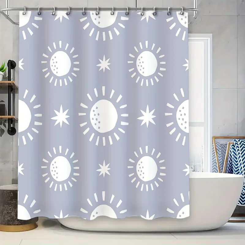 

Modern Sun Moon Shower Curtain Waterproof Bathroom Decor 3D Printing Wall Hanging Gray with White Stars Pattern Size Customizabl