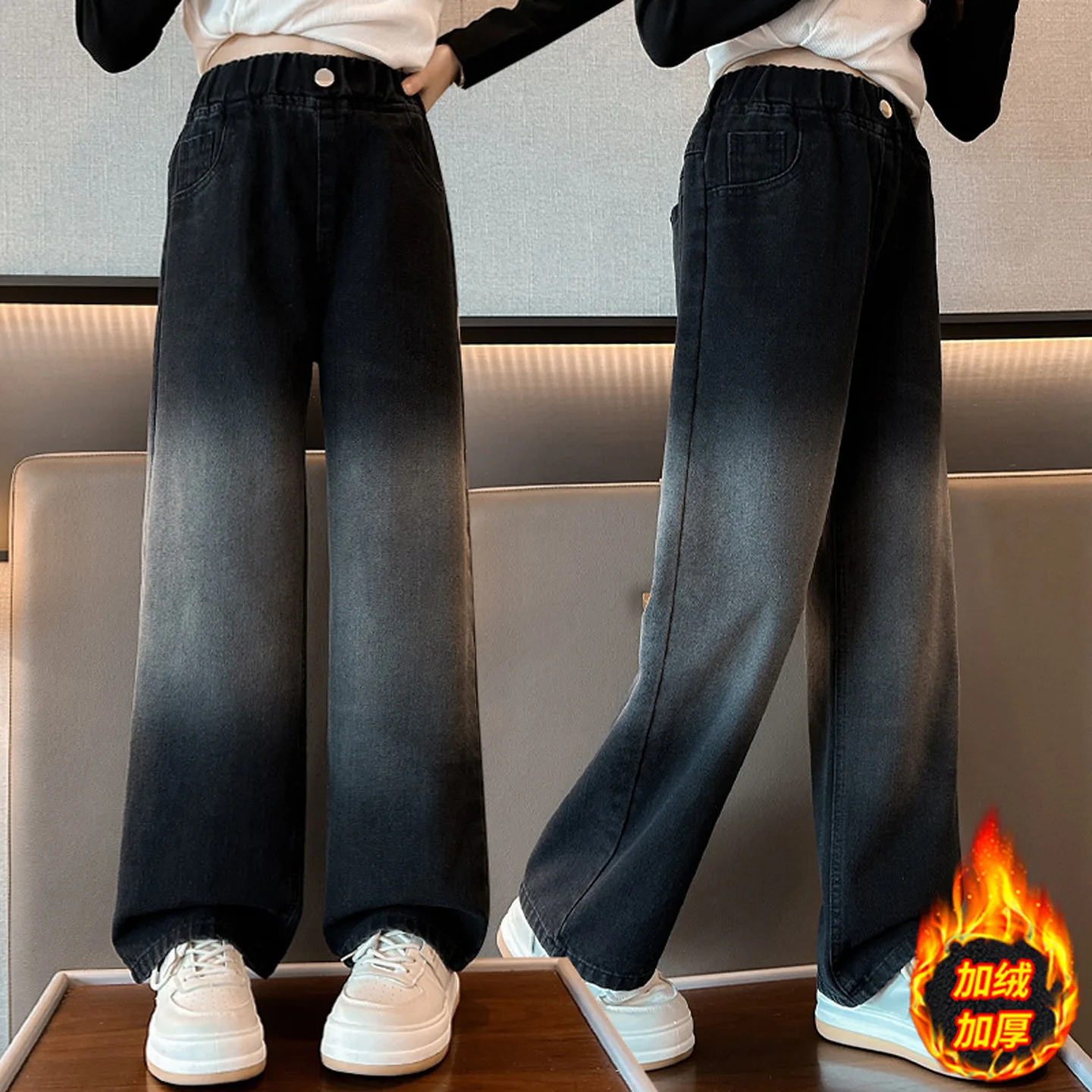 أزياء الفتيات صوف مبطن الجينز سميكة الدافئة السراويل عالية الخصر ضئيلة مستقيم الدينيم السراويل للأطفال الكبار الخريف الشتاء ﻿