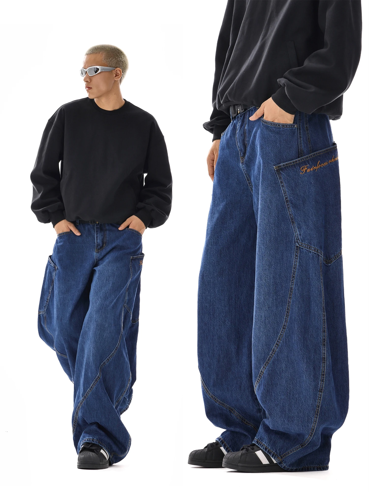 

Retro American Design Curved Knife Baggy Workwear Jeans Men Women Loose Hip Hop Wide Leg Embroidered Floor-Length Pants
