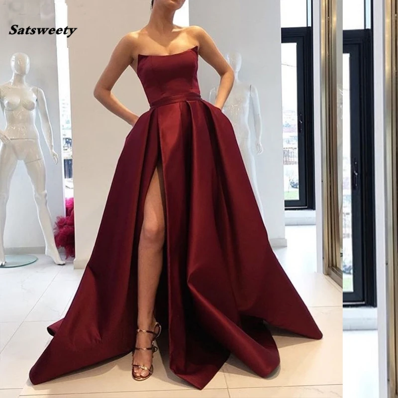 Abiti da ballo bordeaux con tasche spacco laterale senza spalline in raso eleganti abiti da sera lunghi da sera abito formale da donna rosso vino