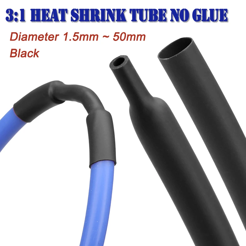 1-10m 3:1 No Glue Black Heat Shrink Tube Diameter 1.5mm ~ 50mm Waterproof Polyolefin Cable Sleeve For Electrical Wire Insulation