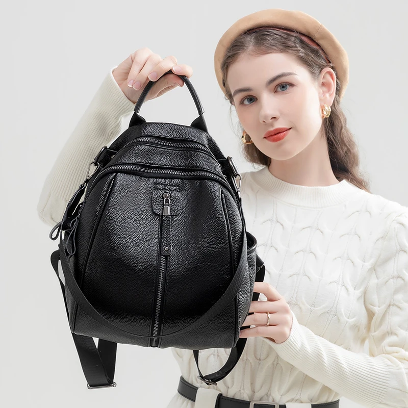 Black Backpack for Women Genuine Leather Cowhide Bagback Girl Commuter Bags Small Cute Travel Bag 2024 New Fashion Design Luxury