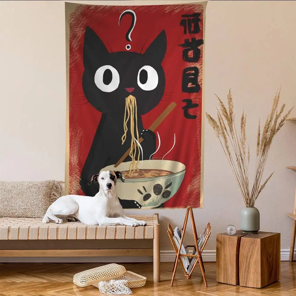 Japanese Cat Eating Noodles Canvas Anime Tapestry Hanging Tarot Hippie Wall Rugs Dorm Home Decor