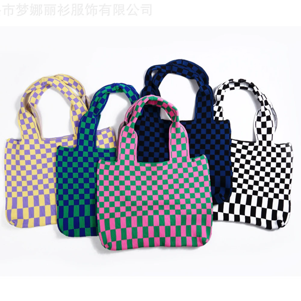 Checkerboard Women Shoulder Bag Designer Large Color Plaid Crochet Handbag And Purse Knitting Big Tote Shopper Bags Lady