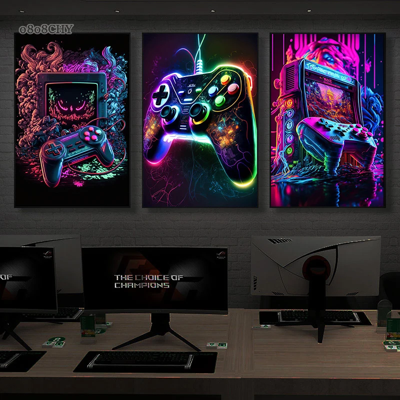 Neon Game Canvas Paintings Game Controller Gamer Gaming Neon Posters Canvas Prints Wall Art Pictures Esports Gamer Room Decor