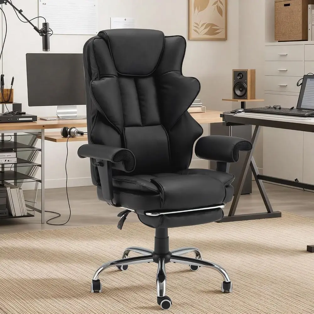 Ergonomic Executive Chair with 6-Point Vibration & Heat, Reclining PU Leather Big & Tall Desk Chair, Retractable ootrest & Adjus