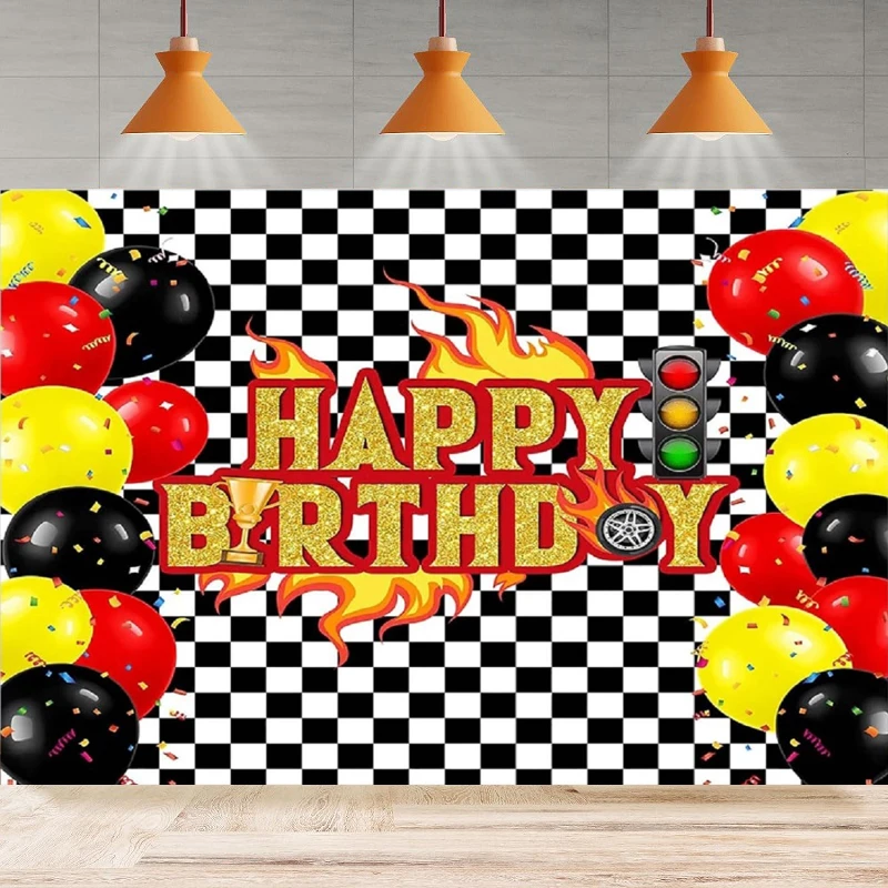 

Racing Car Themed Birthday Photography Backdrop Black White Checkered Flag Decorations For Boy Racing Balloons Background