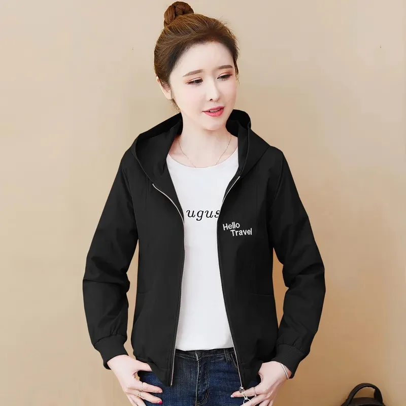 2024 New Autumn Women\'s Short Jacket Long Sleeve Causal Hooded Windbreaker Famale Basic Coat Zipper Lightweight Jacket Outwear