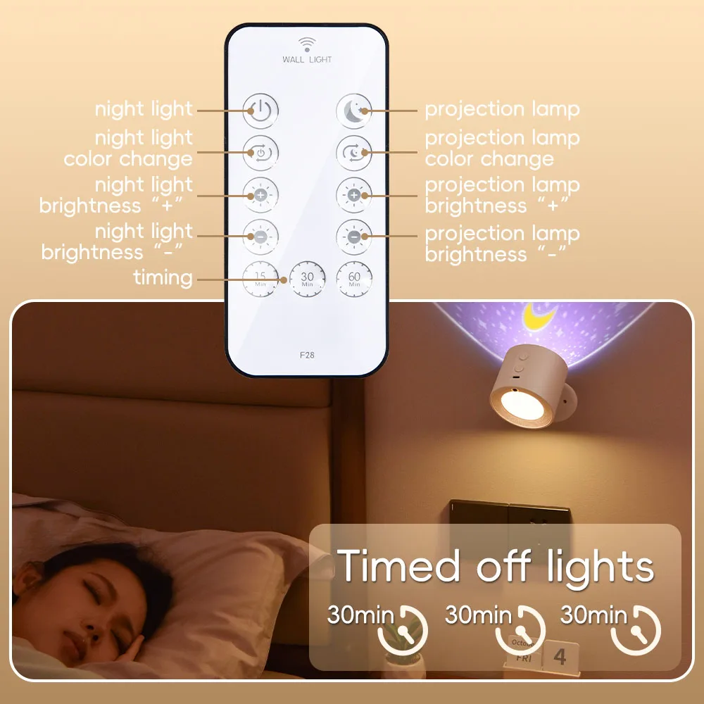 Led Wall Lamp Touch Control Remote 360 Rotatable USB Recharge  Projection RGB Night Light For Bedside Bedroom Reading Lamp