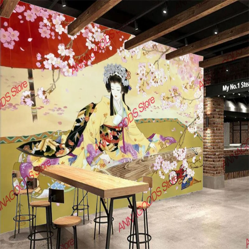 Custom 3D Japanese Ukiyo-e Geisha Sakura Wall Paper 3D Sushi Restaurant Izakaya Tatami Decor Mural Wallpaper Papel De Parede 3d