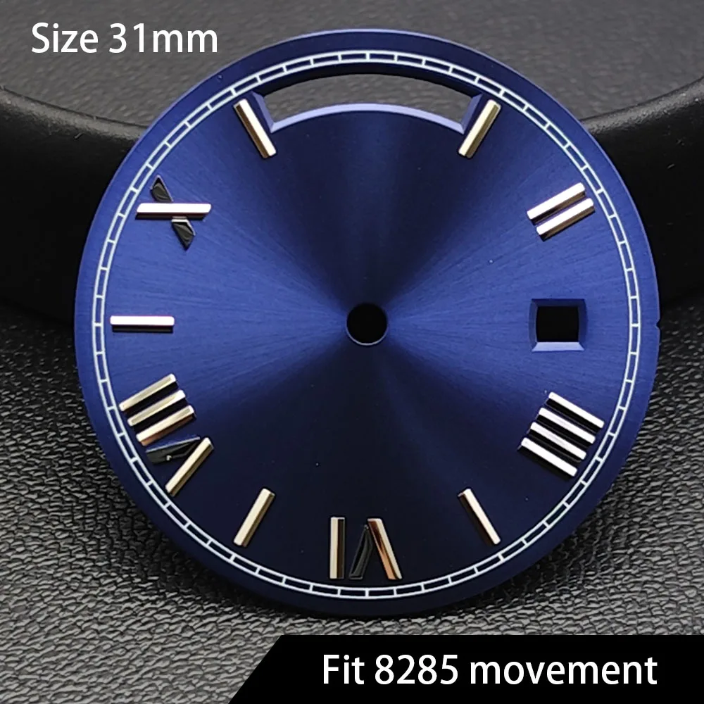 Quadrante da 31 mm di alta qualità adatto per Miyota 8285 Orologio con data e giorno, calendario modificato, display settimanale, numeri romani luminosi blu