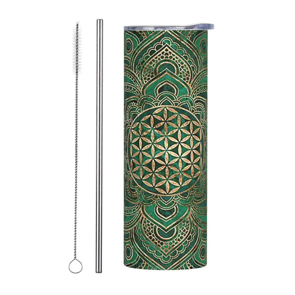 Flower Of Life In Lotus - Malachite And Gold Stainless Steel Tumbler Vacuum Insulated Mug Thermal Cold Cups Straw With Lid 20oz