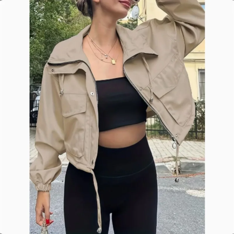 Autumn new women's solid color jacket, short sleeved lapel zipper windbreaker, shoulder strap pocket waist short jacket