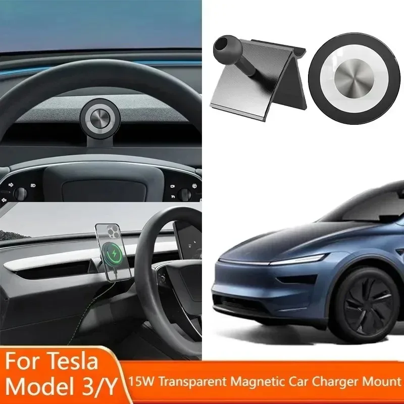 15W Transparent Magnetic Car Charger Mount for Tesla Model Y Juniper 2025+ 3 Highland 2024 - 2025 Wireless Charging Phone Holder