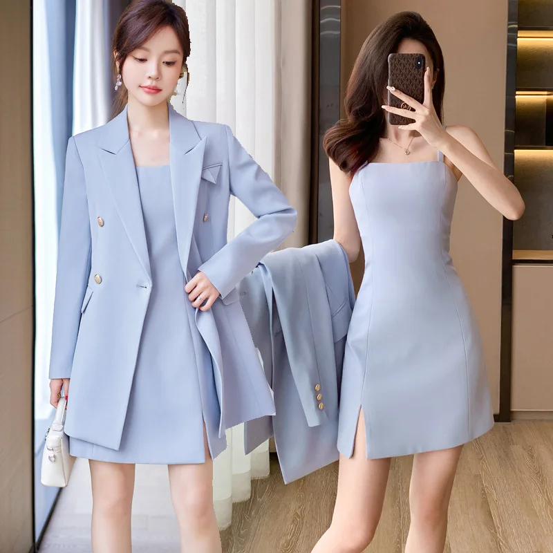 

Blue Suit Jacket Women's Mid-Length Spring and Autumn Small High-Grade Leisure Suit Dress Two-Piece Suit