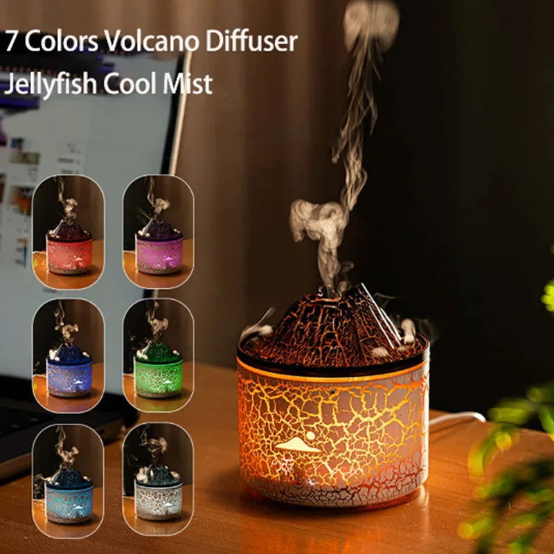 Usb Flame Air Humidifier Aroma Diffuser 7 Colorful Led Light Jellyfish Smoke Ring Essential Oil Aromatherapy Volcano Diffuser