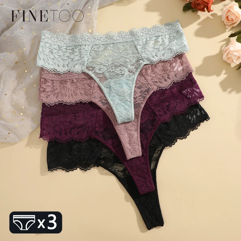 FINETOO 3Pcs Women Lace Hollow Out Underwear Sexy Floral Print Panties Female Solid Low-Waist Thong Breathable G-string Lingerie