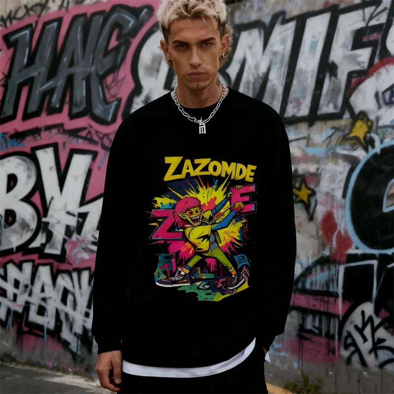 ZAZOMDE 2025 Unisex Comic Style Printed Long Sleeve T Shirt 100 Percent Cotton Vintage Cartoon Graphic Fit Street Fashion Tee