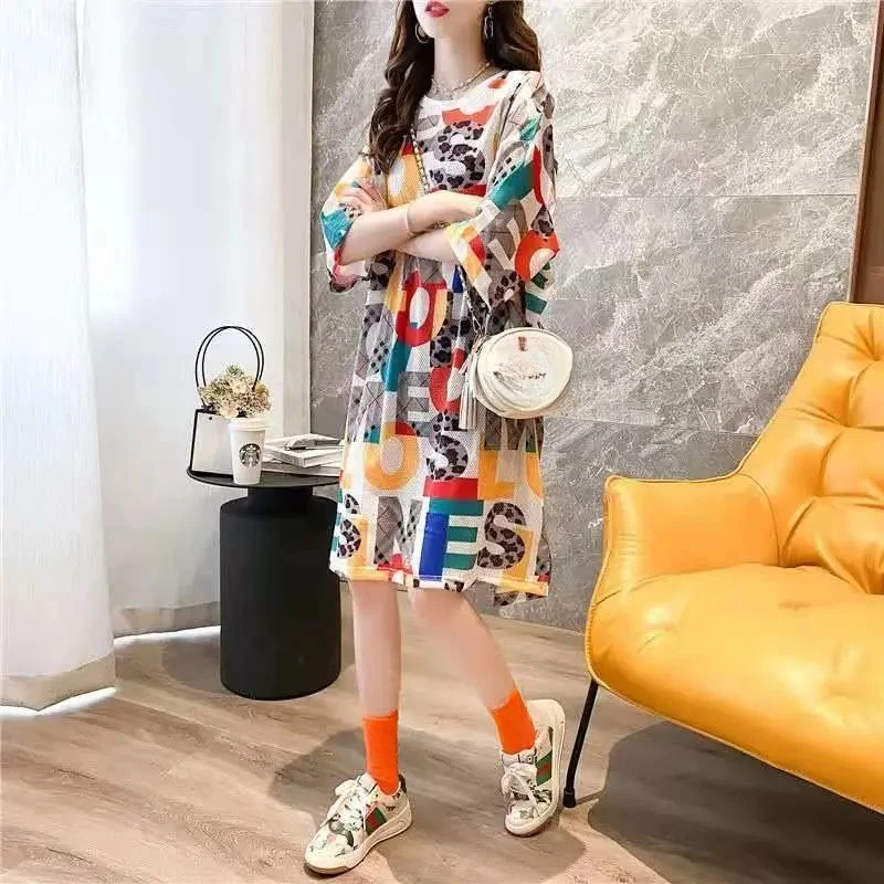 Woman Dress Mid-length T-shirt Skirt Women's Summer New Short Sleeve Loose Oversized Fat Mm100-150kg Summer Dress  Nightgown