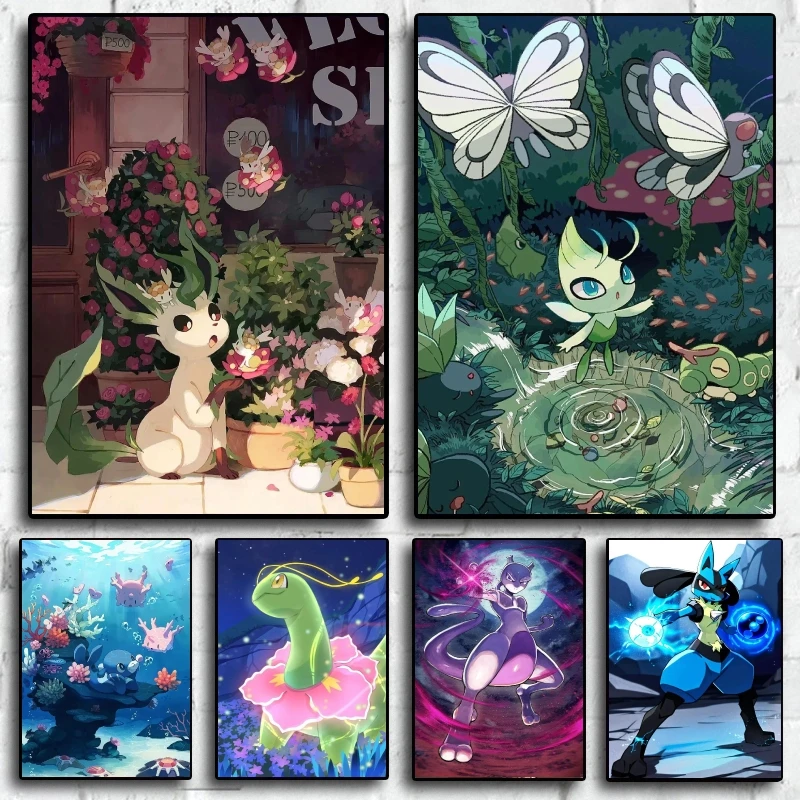 1PC  Anime Posters Pokemon Leafeon Celebi Canvas Printing Wall Decoration Room Home High Quality Art Poster Prints Birthday G