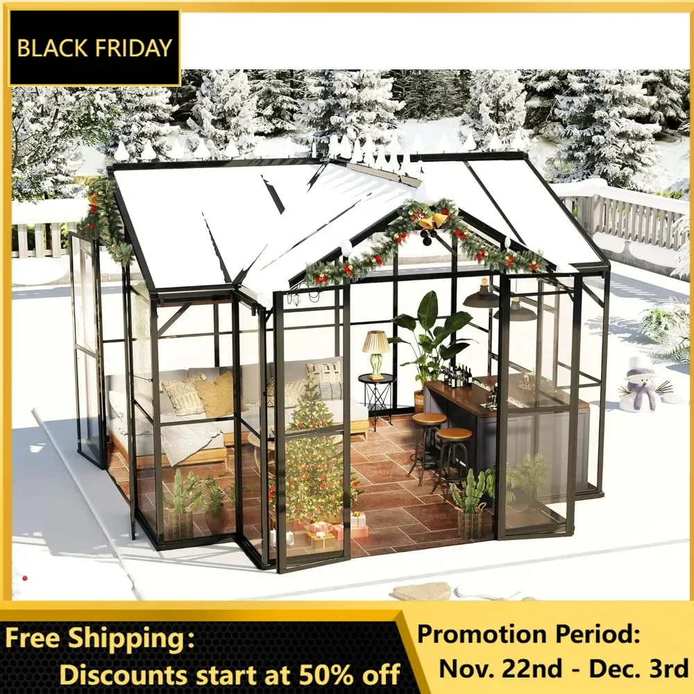 Chalet Greenhouse 12x10x8 FT, Greenhouses for Garden Backyard with 2 Vents, Walk-in Aluminum Greenhouse with 2 Hinged Doors