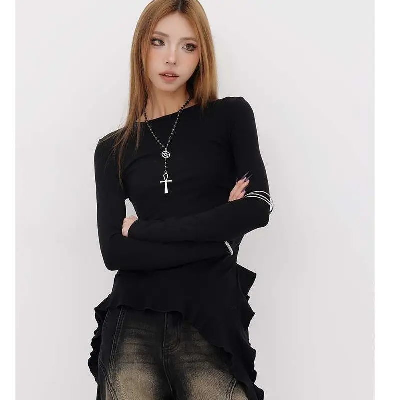 Spicy Girl With Ruffled Long Sleeved T-shirt Female Niche Waist Cinching Pleated Inner Top