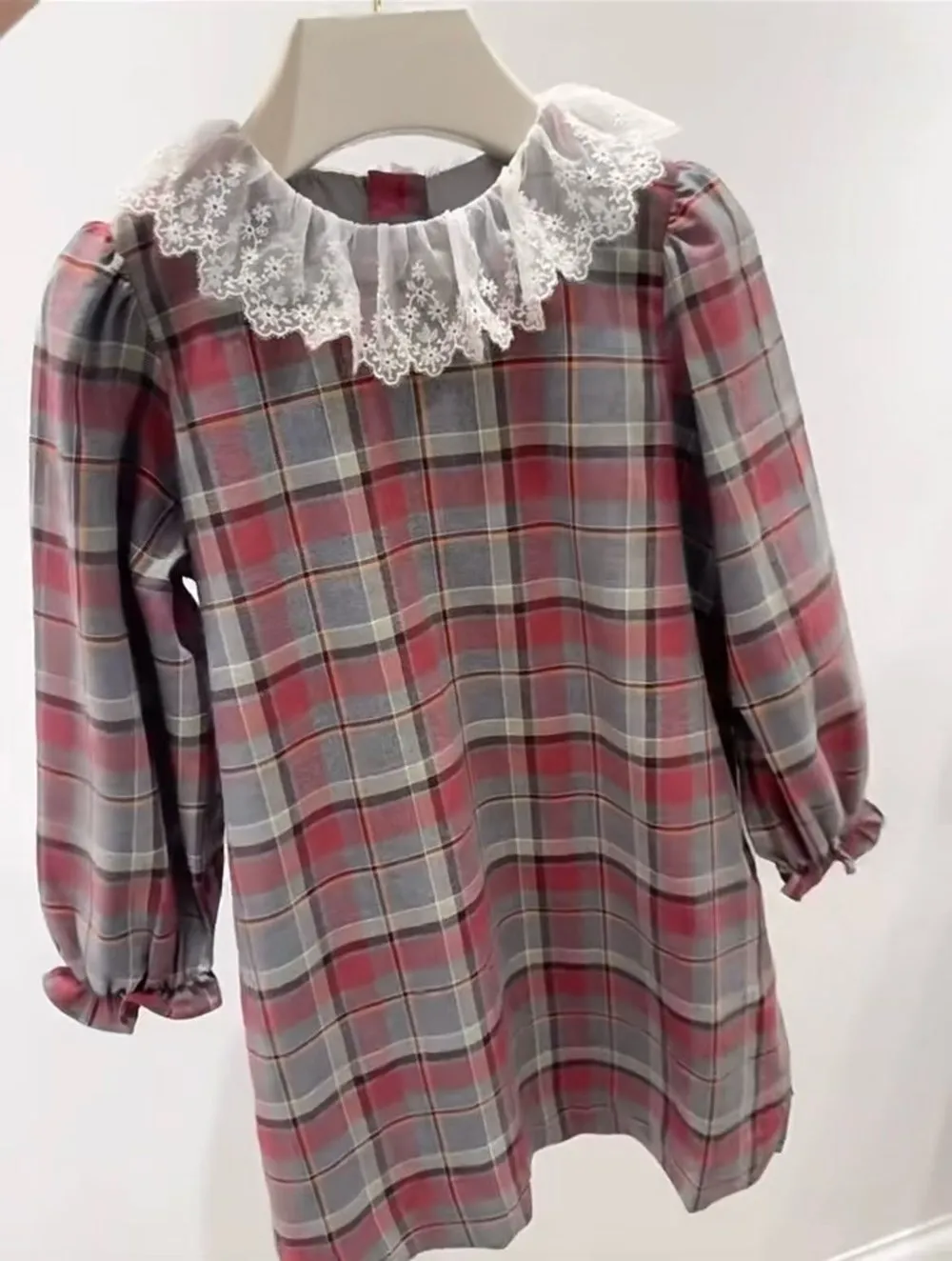 baby Dress Kids Girls Clothes French Style Cherry Patterned Dress Girls Checkered Lace Lapel Long Sleeved Dress