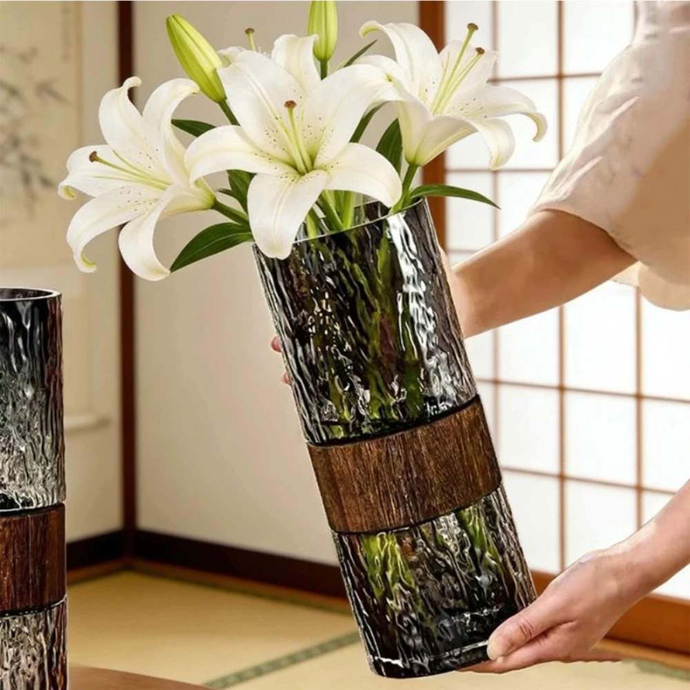 Modern Glass Vase with Wooden Band  Fresh Flower Arrangement Hydroponic Plants Vase Nordic Style Living Room Table Decoration