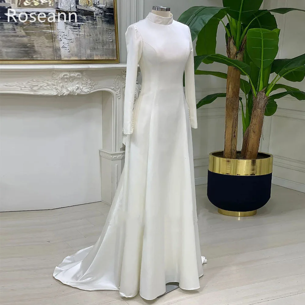 Customized Muslim Ivory A-line Wedding Dresses High Collar New Design Full Lace Brideing Gown Applique Satin robe de mariée