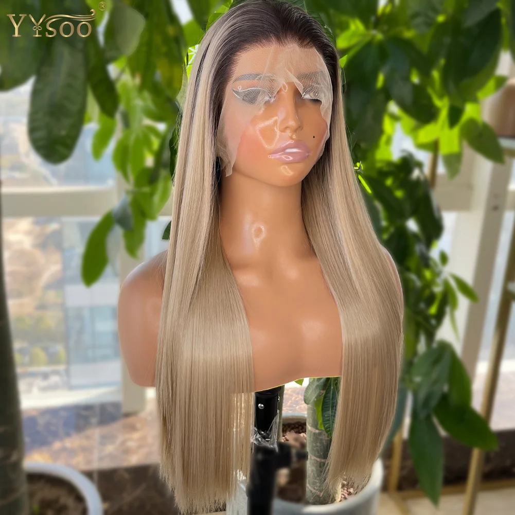 YYsoo Long Silky Straight Ombre Color Synthetic Full Lace Wigs Heat Resistant Japan Futura Hair All Hand Tied Wig Dark Roots