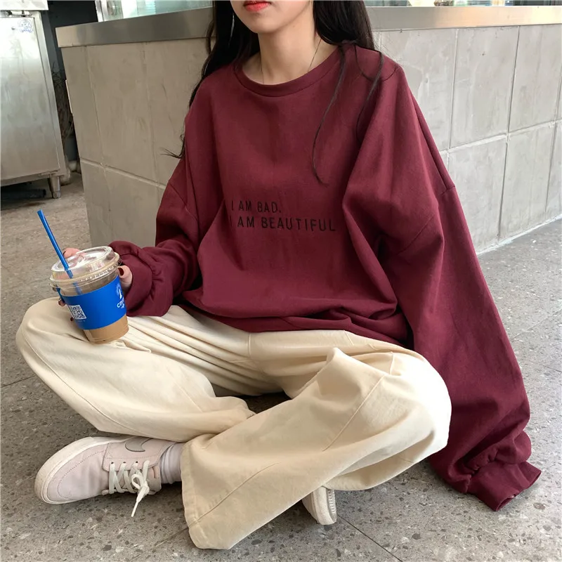 T Shirt Women Loose Letters Print Spring Autumn 2024 New Lantern Sleeve Fleece Female Shirt Clothing Dropshipping ZBBA41