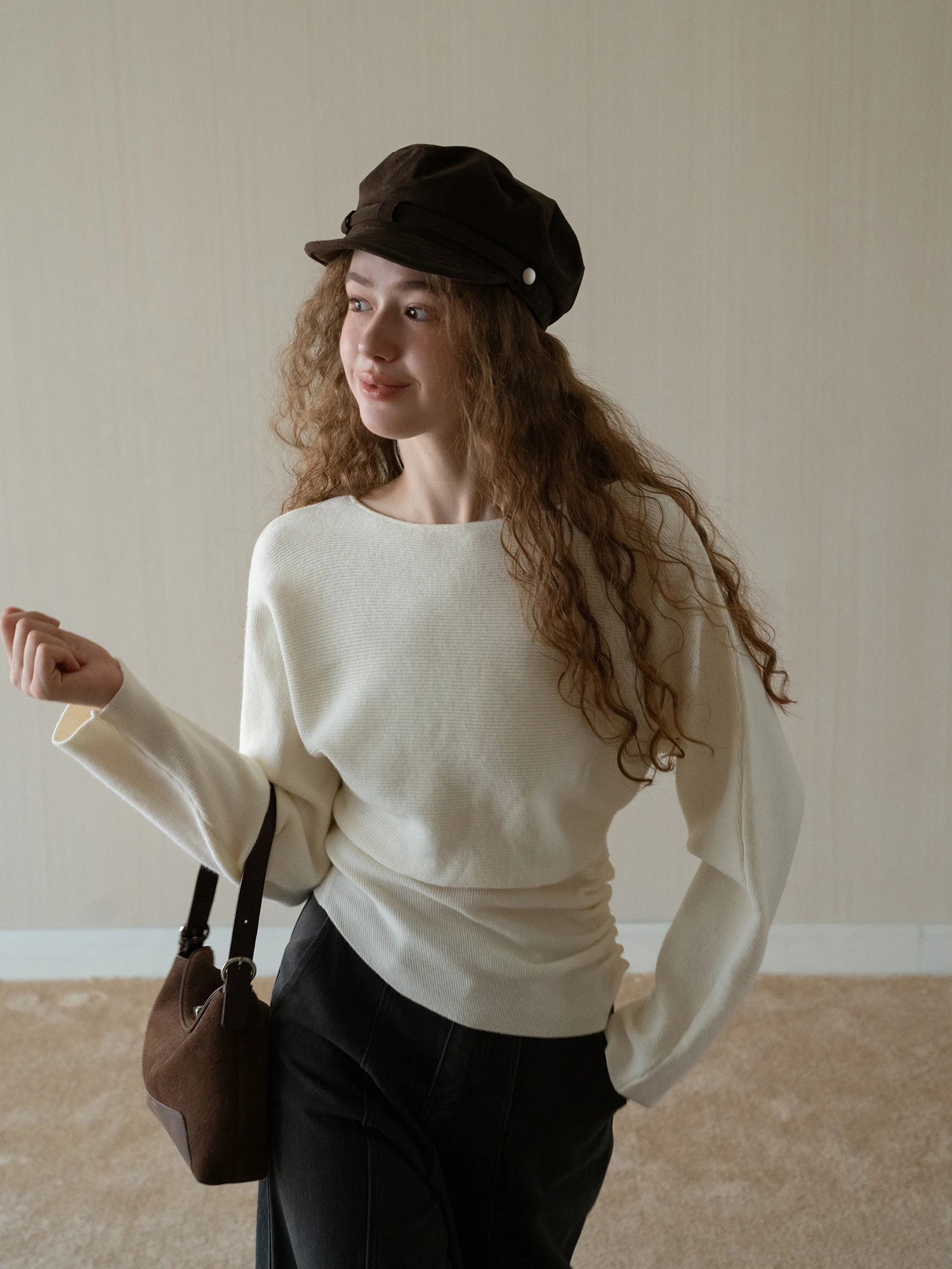 

Женский вязаный топ Eggka с длинными рукавами, приталенный, с плиссировкой, на пуговицах, во французском стиле, с круглым вырезом, рукавами «летучая мышь», утягивающий фигуру