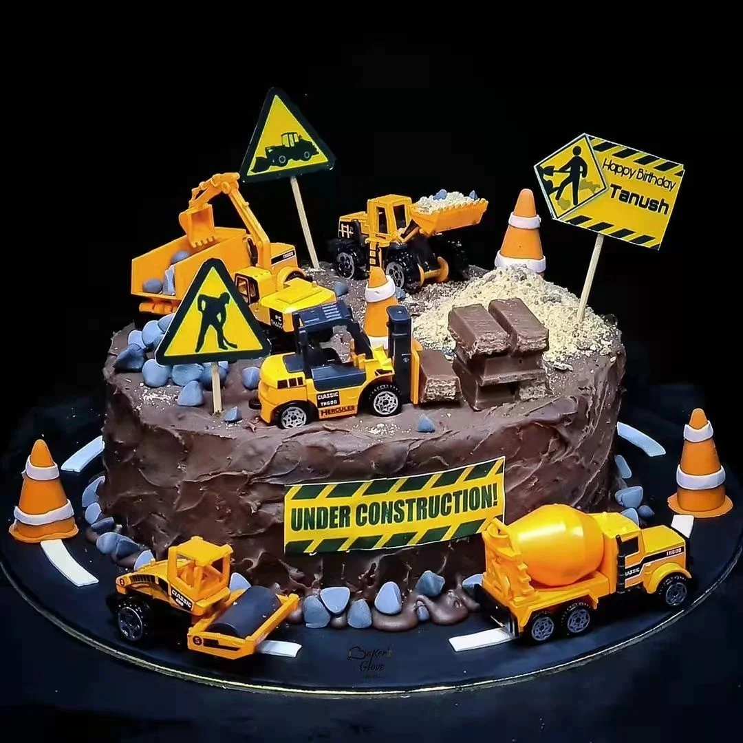 1set Construction Vehicle Cake Toppers Bulldozer Excavator Paper Straw for Boy\'s Happy Birthday Party Cake Decoration Supplies