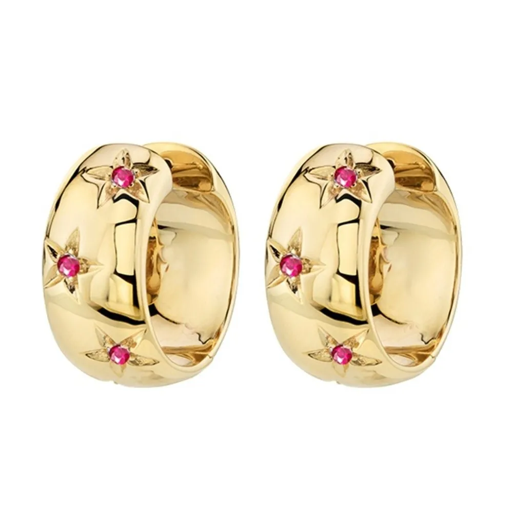 1Pair Crystal Embellished Chunky Hoop Earrings Chunky Profile Hinged Closure Crystal Hoop Earrings Polished Finish Star Accents