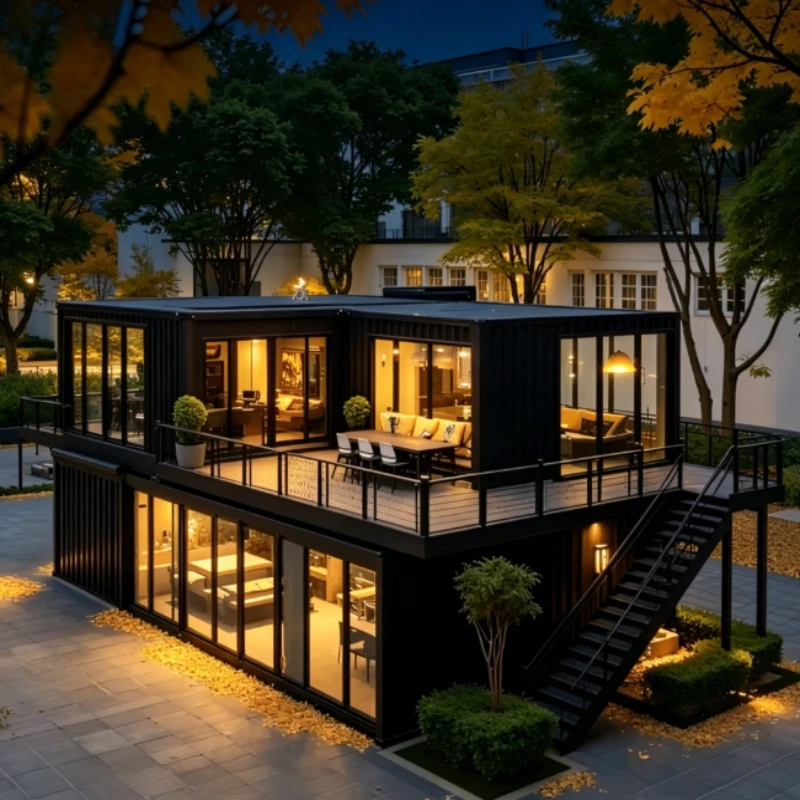 Customized 20ft Prefabricated Container House with Pitch Roof Glass Curtain Wall Flat Pack Detachable Container Home Shop Office