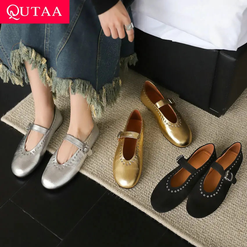 

QUTAA 2024 Shoes Woman Sweet Student Fashion Shoes Women Flats Heels Shoes Genuine Leather Round Toe Mary Janes Size 34-40