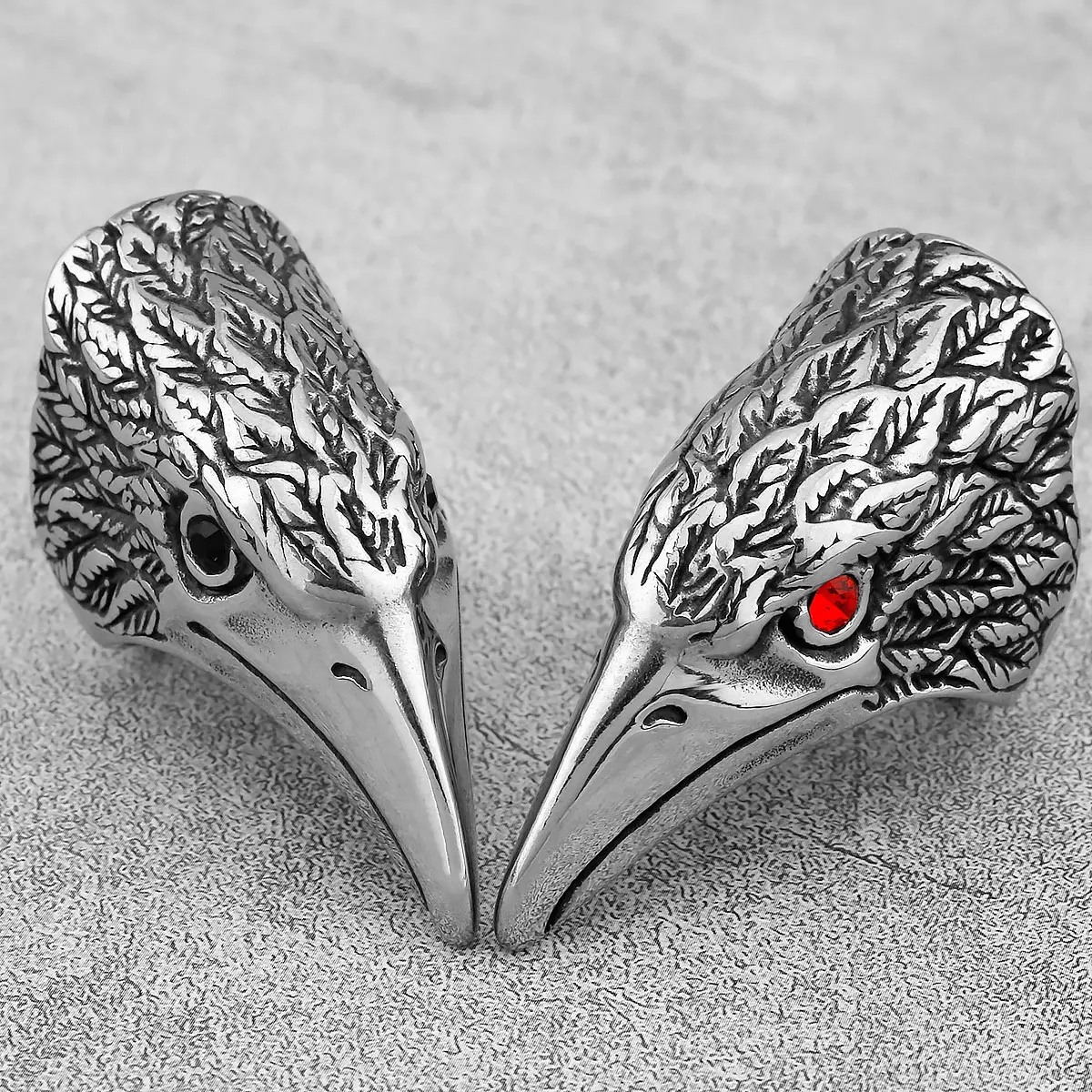 Stainless Steel Man Men Rings Rock Punk Hip Hop Crow Bird Head Red Rhinestone Personality for Male Boy Fashion Jewelry Gift