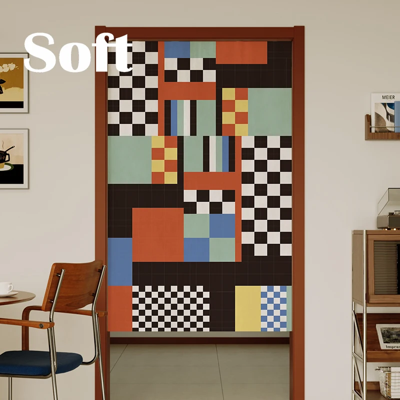 Modern Minimalist Retro Color Block Door Curtain Bathroom Privacy Partition No Punching Required Entrance Blocking Cloth Curtain